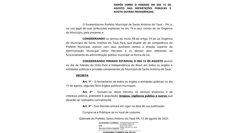 Prefeitura informa por meio do Decreto 012/2022, o fechamento de todos os órgãos e entidades públicas